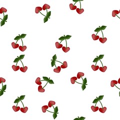 seamless pattern cherries with stems and leaves on white background, simple pattern for fabric, clothes, wrapping paper and wallpaper