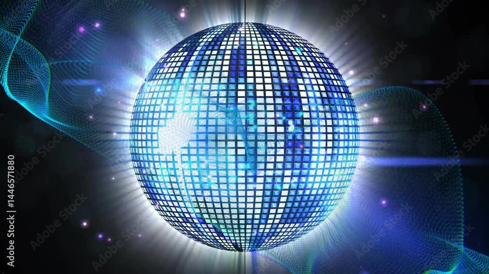 Aufkleber floating glowing grid sphere radiating light in dark cyberspace, with mesh waveforms weaving around