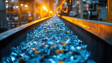 Conveyor belt transporting shiny aluminum scraps in a vibrant industrial setting during sunset