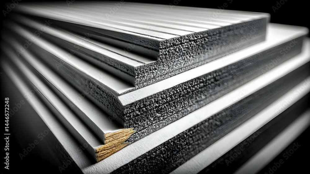 Poster Stacked layers of composite material, showcasing texture and structure. Ideal for industrial, architectural, or design contexts.