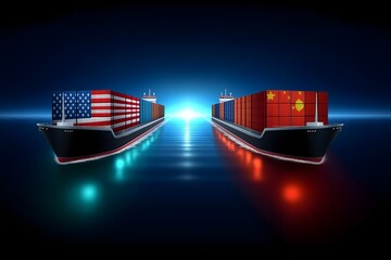 Trade war concept with USA and China container ships facing each other at sea, international shipping, global trade conflict illustration  
