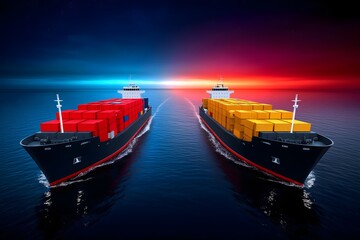 Two cargo container ships facing each other at sea with red and yellow containers, concept of trade competition, international shipping logistics  
