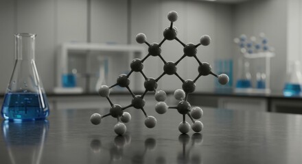 Molecular Structure Model in a Modern Chemistry Lab Setting:  A Detailed View of a Complex Organic Compound Displayed on a Sleek Lab Bench