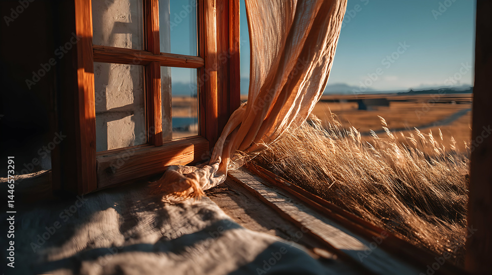 Poster serene sunset view through a rustic window with a fabric curtain gently blowing in the breeze, overl