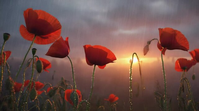 Close-up of red poppy flowers swaying in a field under sunlight. Nature and springtime concept.