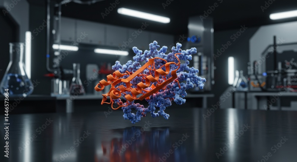 Poster 3d model of a protein structure in a modern laboratory setting: unveiling the secrets of molecular b