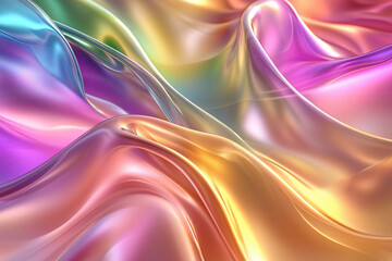 Fototapeta premium Iridescent fabric ripples with vibrant colors, creating a flowing, dynamic abstract design.