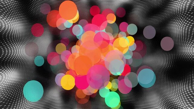 Multicolored translucent circles floating before dotted grid undulating in digital 3D render