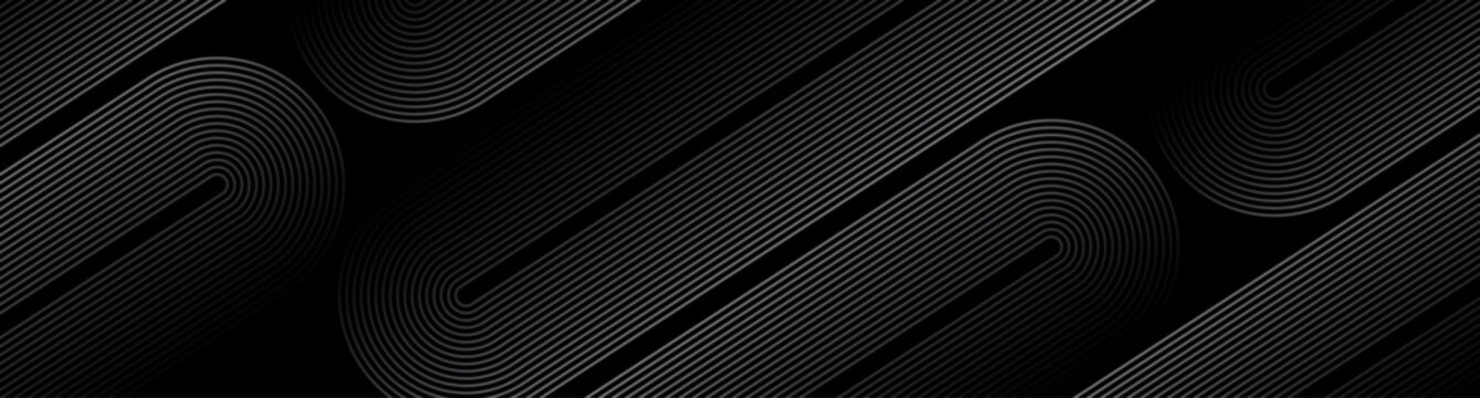 3D black techno abstract background overlap layer on dark space with rounded lines effect decoration. Modern graphic design element stripes style concept for web banner, flyer, card, or brochure cover