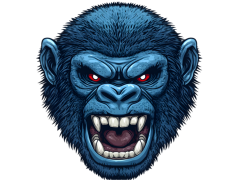 Angry Blue Gorilla Head Illustration, Pixel Art, Digital Illustration, Transparent Background