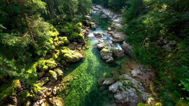 【AI動画】森林に囲まれた岩の多い渓谷を流れる透明な清流を上空から撮影した風景写真、苔むした岩肌と水底が見えるほど澄んだ流れ
