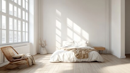 Serene Minimalist Bedroom with Sunlight Streaming Through Large Window