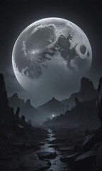 Low-hanging full moon casts eerie glow on dark landscape ,  astronomy,  darkness