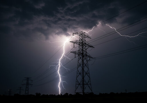 A vivid image captures a striking lightning bolt hitting a high voltage power line at night.