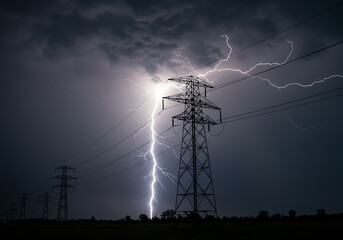 Spectacular view of lightning striking a power line during a dark and stormy night.