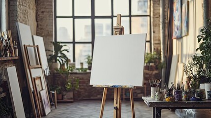 Empty canvas on easel in a bright 's .