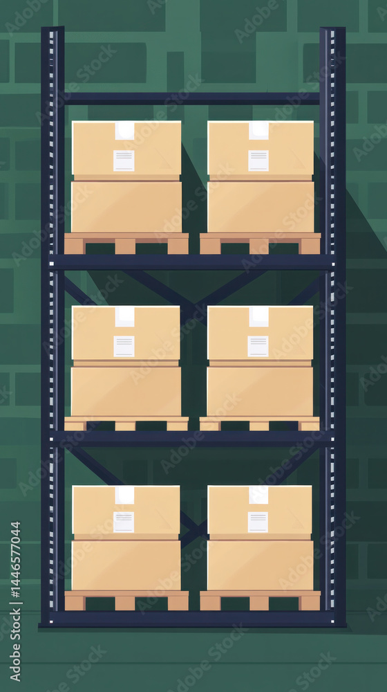 Poster a tall shelf with boxes on it. the boxes are brown and stacked on top of each other