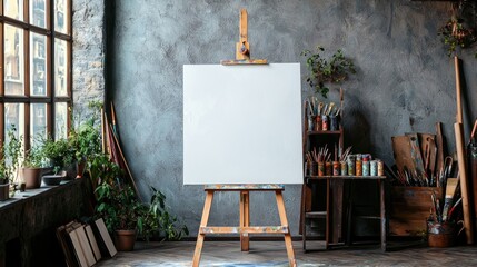 Empty canvas on easel in a  setting.