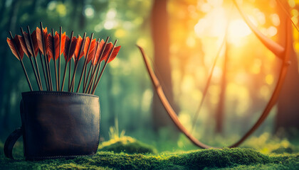 Arrows in quiver at sunset in a forest.  Perfect for themes of archery, hunting, nature, or adventure.