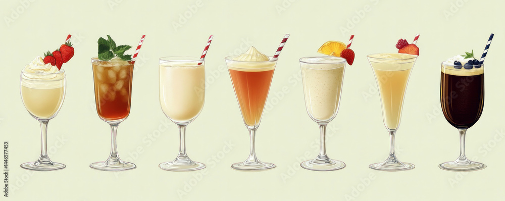 Poster a row of glasses with straws in them, each with a different drink. the drinks are in various colors 