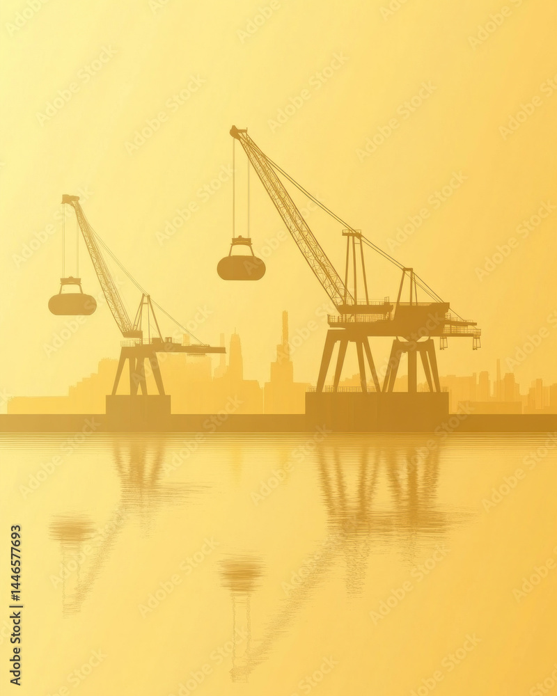 Poster two cranes are in the water, one of which is carrying a large object. the other crane is empty. the 