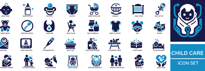 Flat style child care icon set featuring baby items, parenting tools, safety symbols, and childcare essentials. Ideal for daycare, health, and family-related designs.
