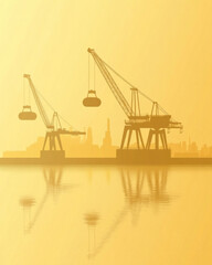 Obraz premium Two cranes are in the water, one of which is carrying a large object. The other crane is empty. The scene is set in a city with a large body of water in the background