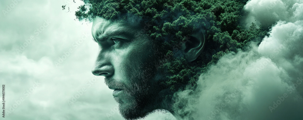 Poster a man's face is shown in a greenish color. the man's face is surrounded by trees and clouds. the man