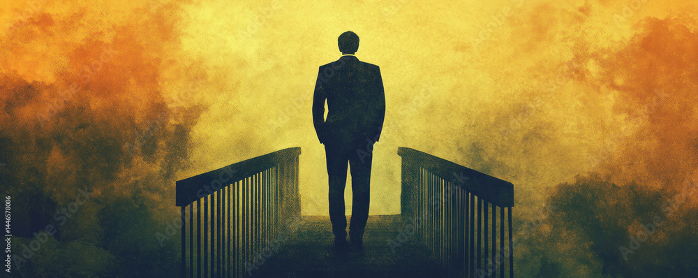 Poster a man is walking across a bridge. the bridge is in the background and the man is the main focus. the