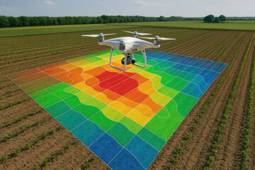 Drone conducting precision agriculture survey with multicolored field mapping