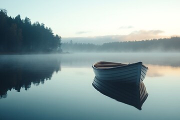 Obraz premium Serene Wooden Boat on Misty Lake Reflecting Calm Waters in Foggy Landscape