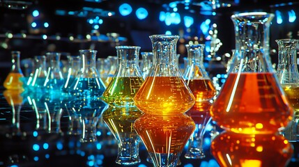 Chemical laboratory glassware with colorful liquid solutions