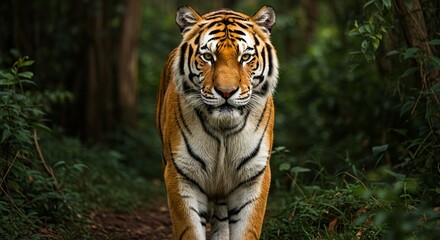 A majestic Bengal tiger standing in a lush jungle, with piercing amber eyes, detailed fur patterns, and strong muscles visible under its coat &mdash; hyper-realistic, dramatic lighting, cinematic style