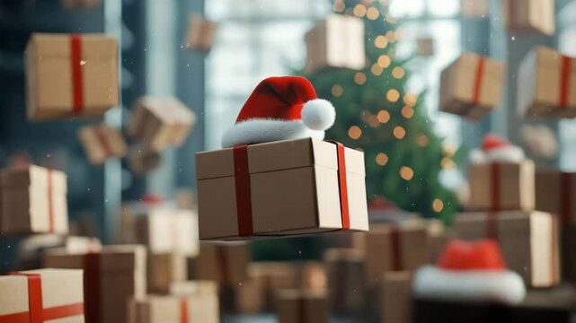 Christmas gift box with red ribbon and Santa hat floating in festive room with blurred lights and Christmas tree background