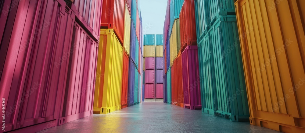 Poster a multicolored symphony: rows of shipping containers in vibrant array