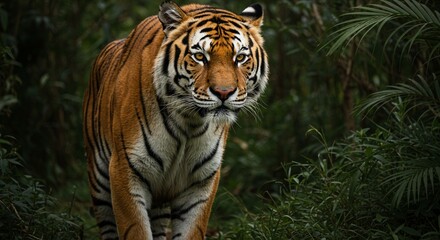 A majestic Bengal tiger standing in a lush jungle, with piercing amber eyes, detailed fur patterns, and strong muscles visible under its coat &mdash; hyper-realistic, dramatic lighting, cinematic style