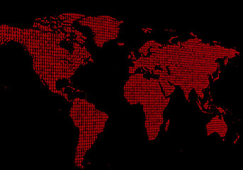 World map made of binary code, representing data and global digital networks with a striking red hue.