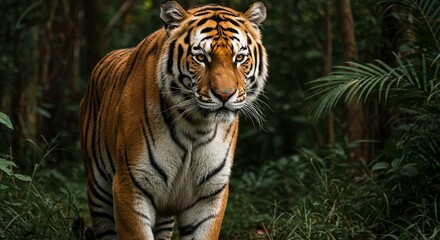 A majestic Bengal tiger standing in a lush jungle, with piercing amber eyes, detailed fur patterns, and strong muscles visible under its coat &mdash; hyper-realistic, dramatic lighting, cinematic style