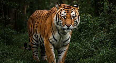 A majestic Bengal tiger standing in a lush jungle, with piercing amber eyes, detailed fur patterns, and strong muscles visible under its coat &mdash; hyper-realistic, dramatic lighting, cinematic style