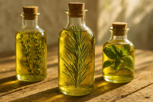 Sunlit bottles of herb infused olive oil with rosemary and basil on wooden table