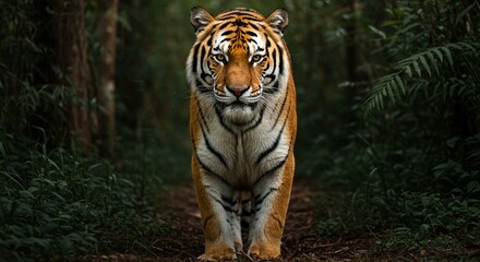 A majestic Bengal tiger standing in a lush jungle, with piercing amber eyes, detailed fur patterns, and strong muscles visible under its coat &mdash; hyper-realistic, dramatic lighting, cinematic style
