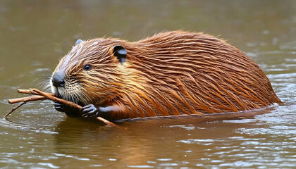 A North American beaver in its natural habitat, skillfully holding and managing small branches in its paws while partially submerged in calm, murky water.
