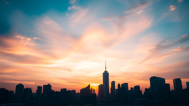 Stunning skyline at sunset with skyscrapers silhouetted against a colorful sky.