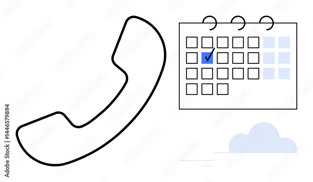 Poster calendar with a marked date next to a telephone handset and a cloud background. ideal for scheduling