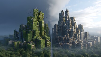 Dystopian Metropolis Divided: Nature's Reclamation Versus Urban Decay and Ruin