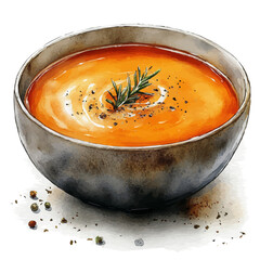 watercolor of Steaming Bowl Of Soup, vector, isolated on a white background.