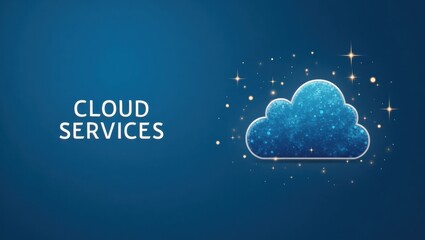 Cloud Services. Blue digital cloud icon with sparkles representing cloud services technology, software, data storage concept for business, IT, website, futuristic background with dark blue gradient a