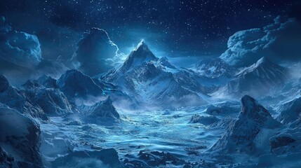A breathtaking, icy mountain range under a starlit sky.