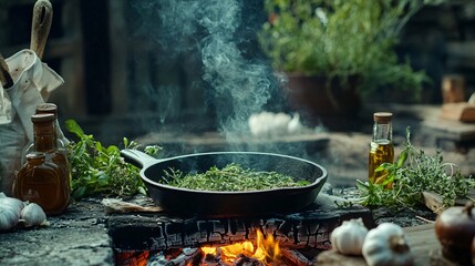 Outdoor cooking scene featuring herbs over a campfire.