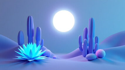 A minimalist neon desert with geometric cacti in white and blue glow. Hyper-clean, modern aesthetic in 8K detail.